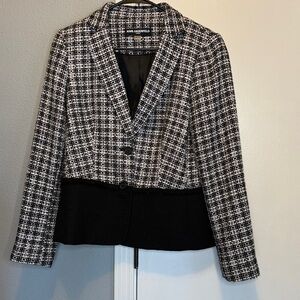 Karl Lagerfeld Black White Houndstooth two toned plaid fringe blazer 8